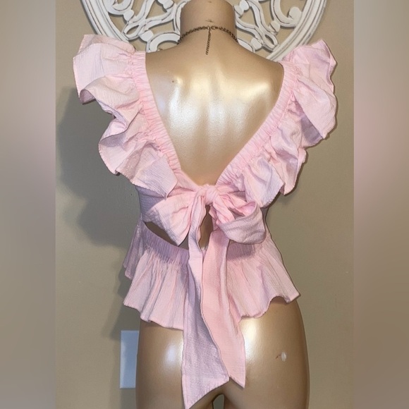 Mi ami women’s blouse large shirt top tie back peplum ruffle pink - Picture 4 of 9